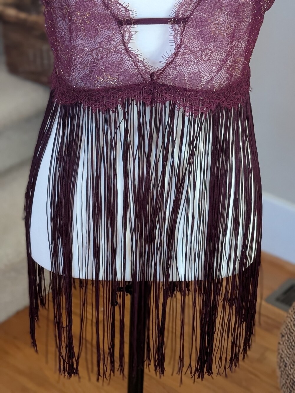 Fringe Lace Lingerie Set Burgundy Plunge Babydoll Teddy Thong 2 Piece NWT Medium - Picture 3 of 13